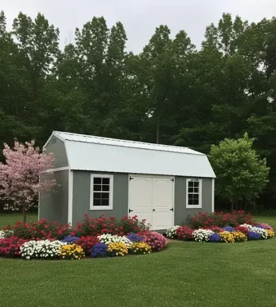 Small white garden shed with black windows, surrounded by colorful flower beds and green lawn.