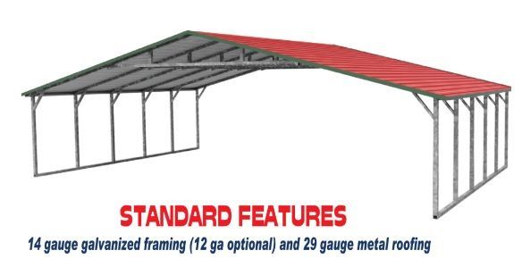 Steel carport with red roof labeled “Standard Features” and galvanized framing details