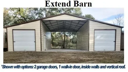 Extended barn with two white garage doors and central open bay
