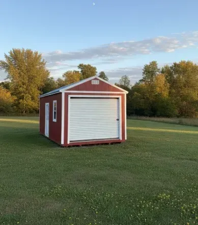 Small red shed with white trim and roll-up door on a grassy field at sunset