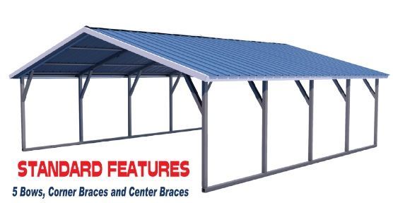 Blue metal carport with red “STANDARD FEATURES” text and note about 5 bows, corner braces, and center braces