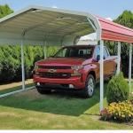 Red pickup truck parked under a red carport