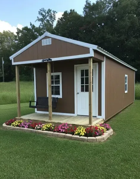 Small brown and white shed with a porch and flower bed on a grassy lawn