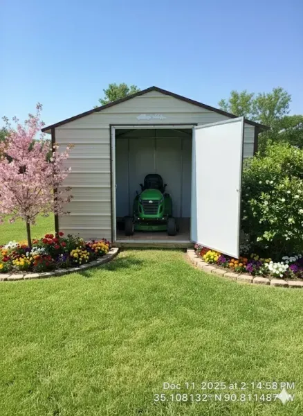 White garden shed open front with green lawn mower inside, surrounded by flower beds and a blooming tree.
