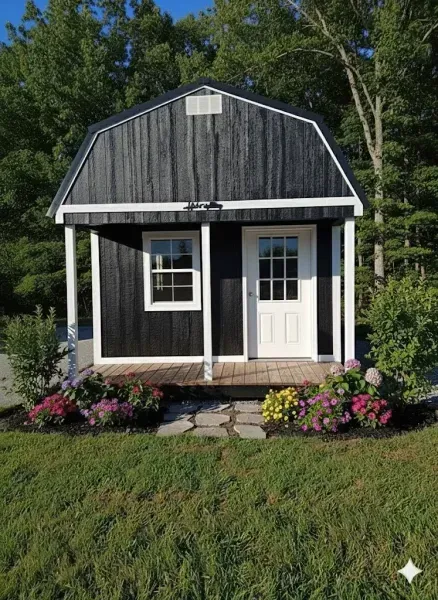 Small black-and-white cottage with a front porch, surrounded by colorful flowers and green trees