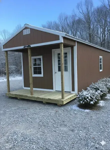 Small brown shed with white trim and front porch in a snowy yard