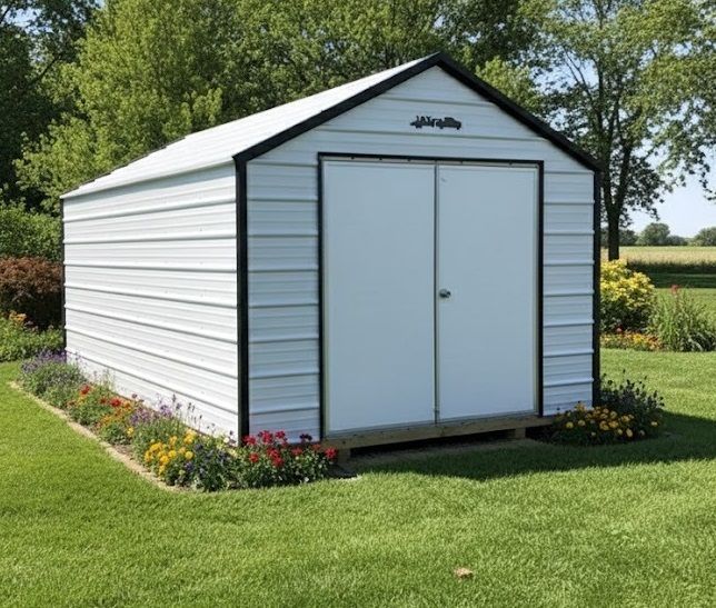 White garden shed with double doors and flower beds on a green lawn, surrounded by trees and shrubs