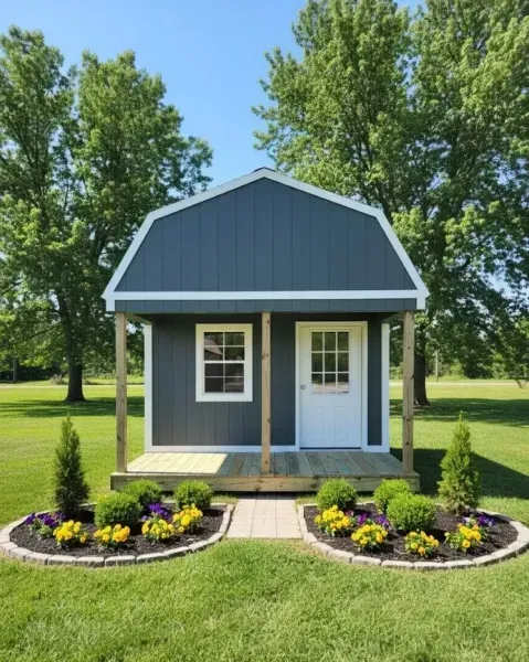 Small dark-gray garden shed with white door and windows, surrounded by flower beds and green lawn.