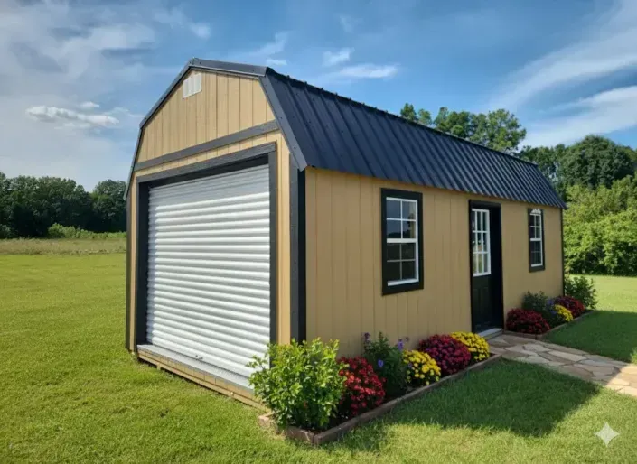 Small tan barn-style garage with white roll-up door and black roof in a grassy field.