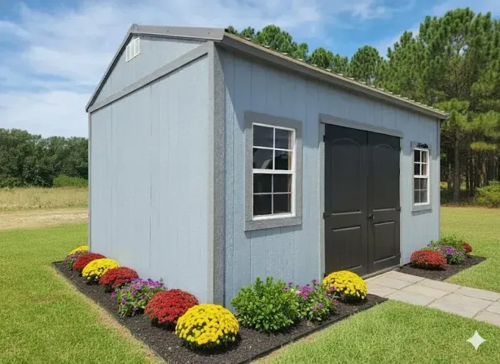 Small gray garden shed with dark doors, white trim, and colorful flowers along the base.
