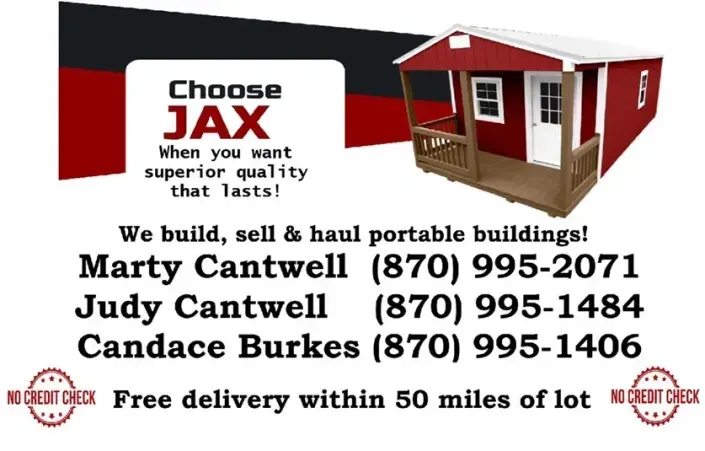 JAX portable buildings ad with red shed, contact names, phone numbers, and free delivery within 50 miles