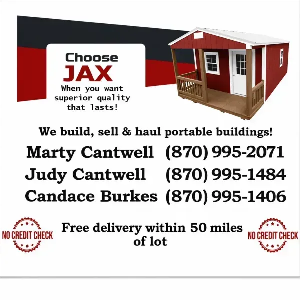 Choose JAX portable building ad with red shed, contact numbers, and free delivery within 50 miles.