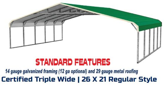 Triple-wide 26 x 21 standard metal carport with green roof and gray frame