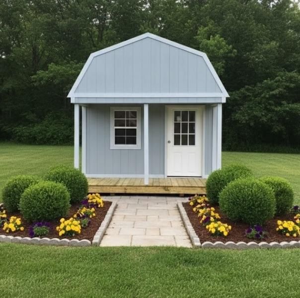 Small light-blue garden shed with white doors, centered on a stone path and flower beds