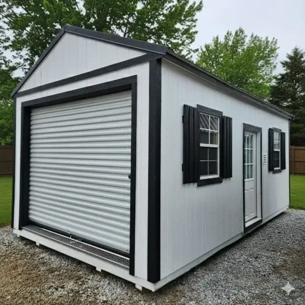 Small white portable building with black trim, roll-up door, and side entrance on gravel outdoors