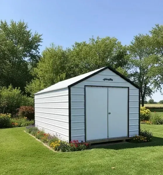 large tan garden shed with double doors