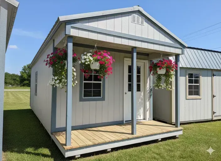 Small light-gray cottage with porch, hanging flowers, and a blue metal roof on a grassy lawn.