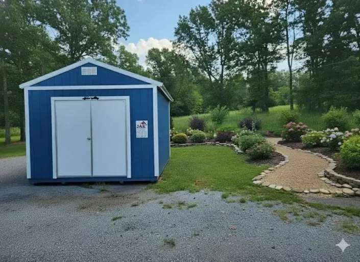 Blue storage shed beside a landscaped garden path and gravel lot under a partly cloudy sky