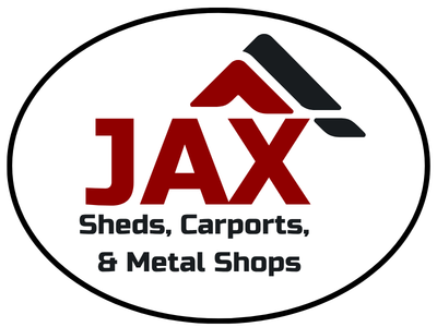 JAX logo with red and black roof icon and text “Sheds, Carports, & Metal Shops”