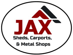 JAX logo with red and black roof icon and text “Sheds, Carports, & Metal Shops”