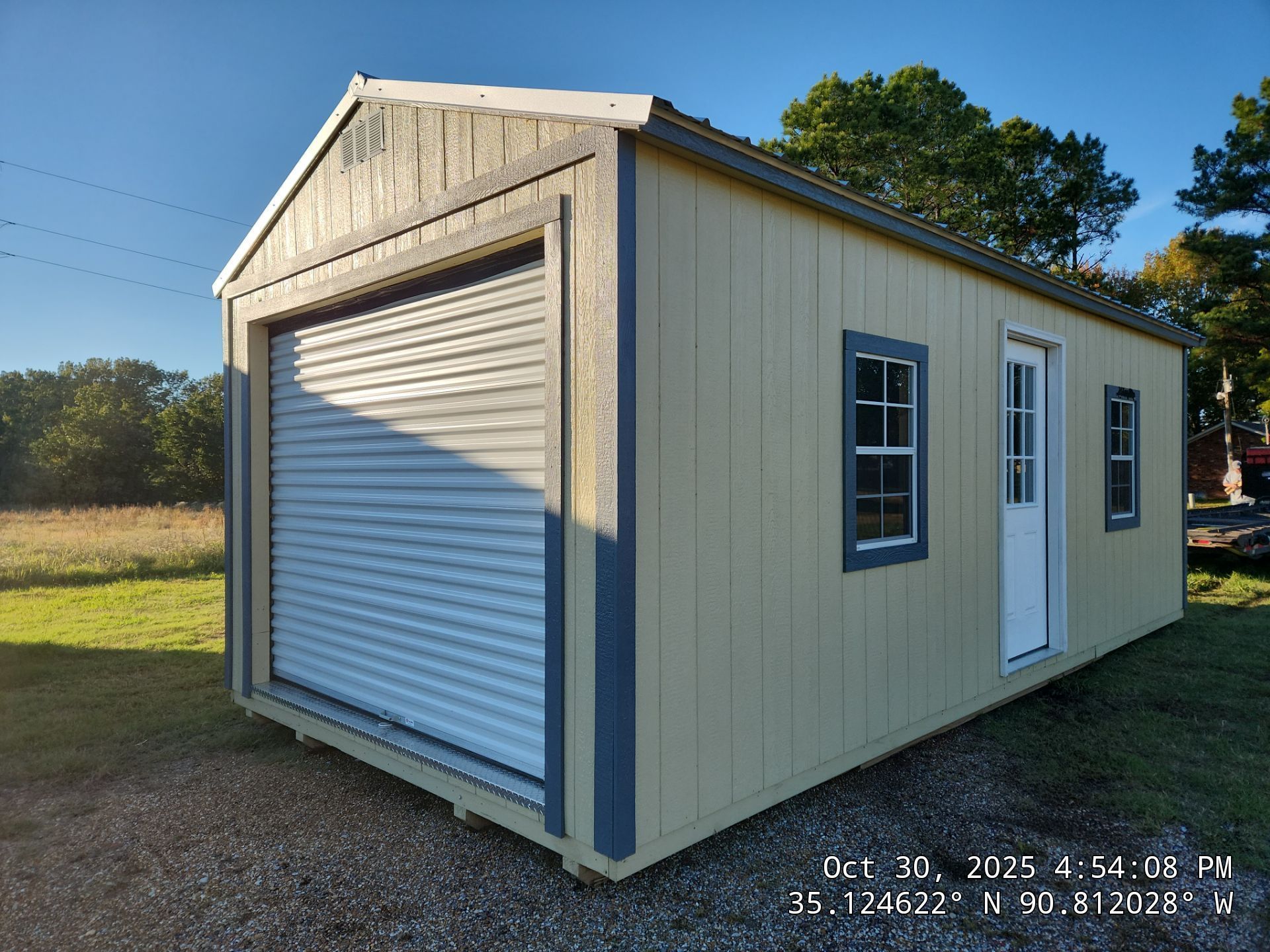 side garden shed with roll up door
