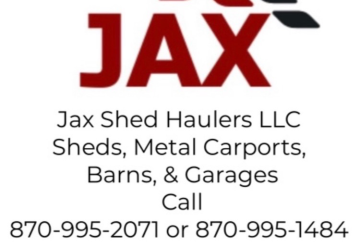 JAX logo and business card text for Jax Shed Haulers LLC, with phone numbers and services listed