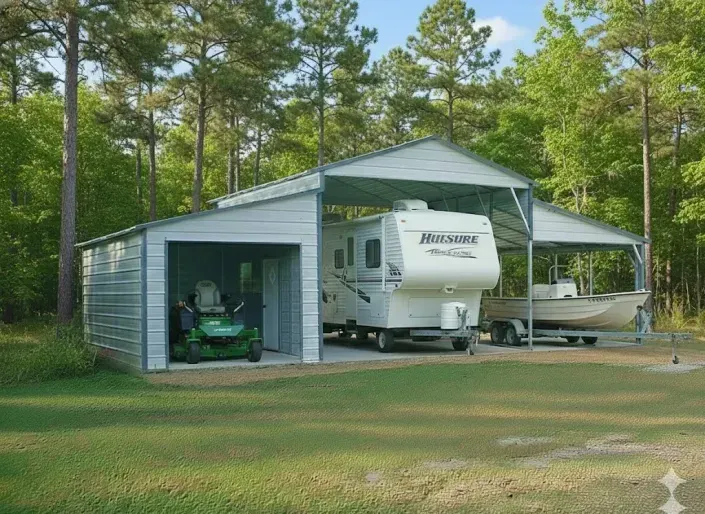White RV parked in a metal carport beside a shed, with a golf cart and wooded yard in the background