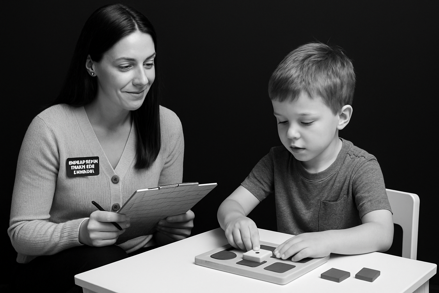 Woman observes boy playing a shape-sorting puzzle at a table, black and white photo.