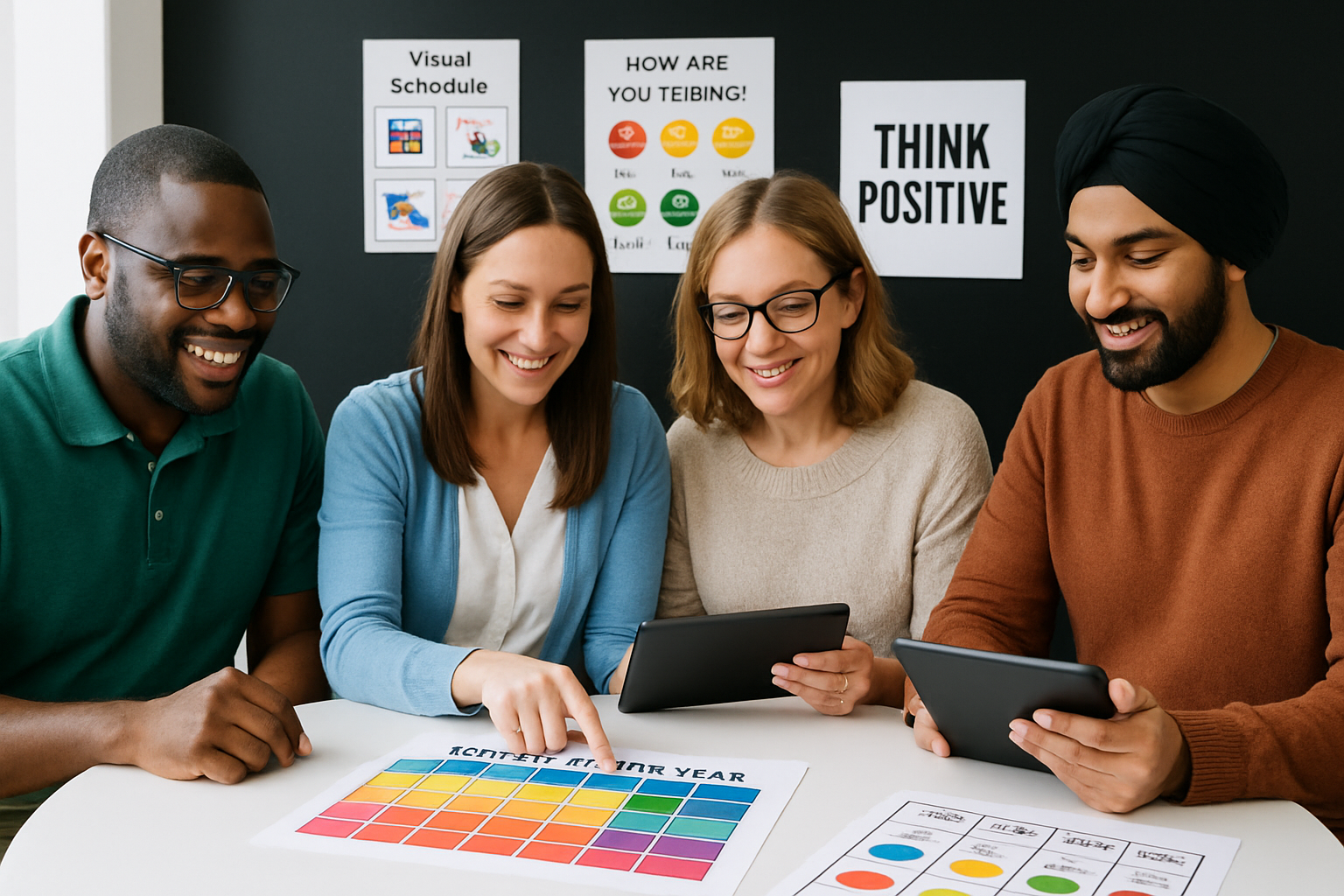 Four people smile while looking at tablets in front of a black wall with motivational posters.