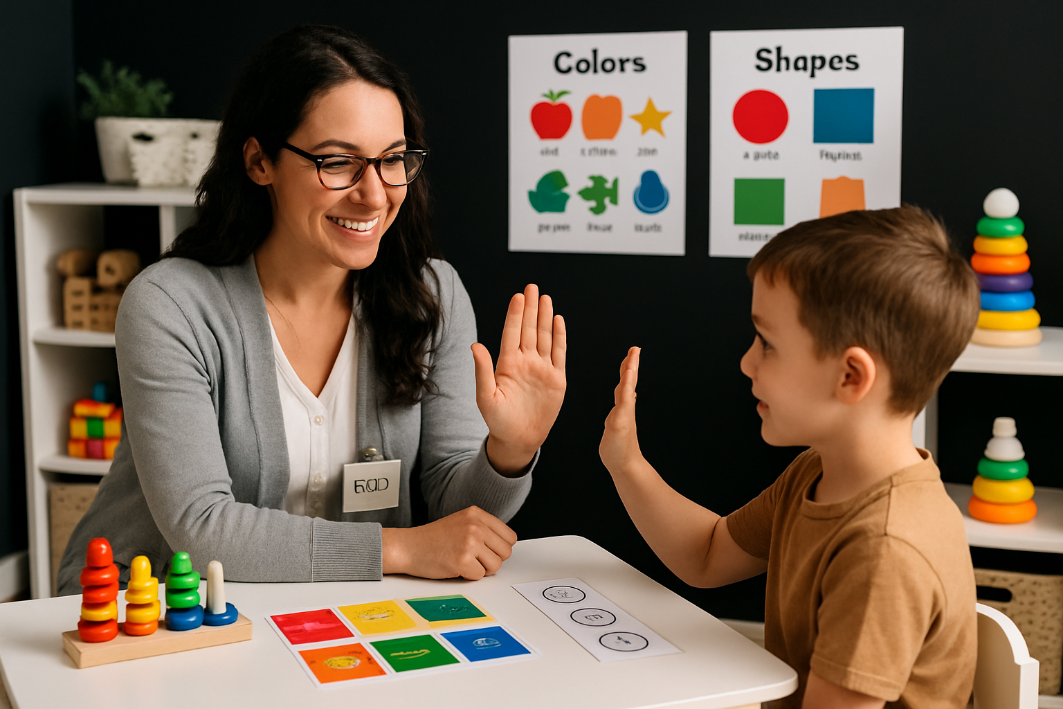 Woman giving a high five to a child at a table. Charts for colors and shapes are on the wall.