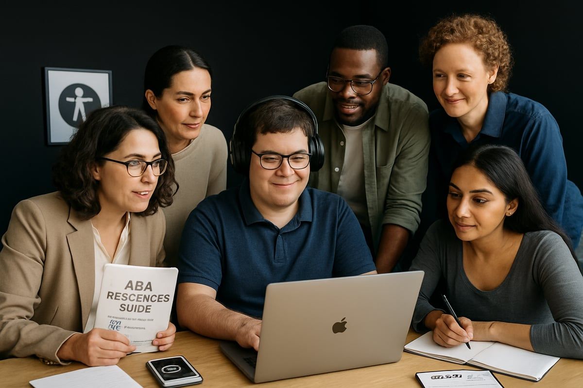 Group of people around a laptop, looking at the screen. One person wears headphones. Includes book with title.