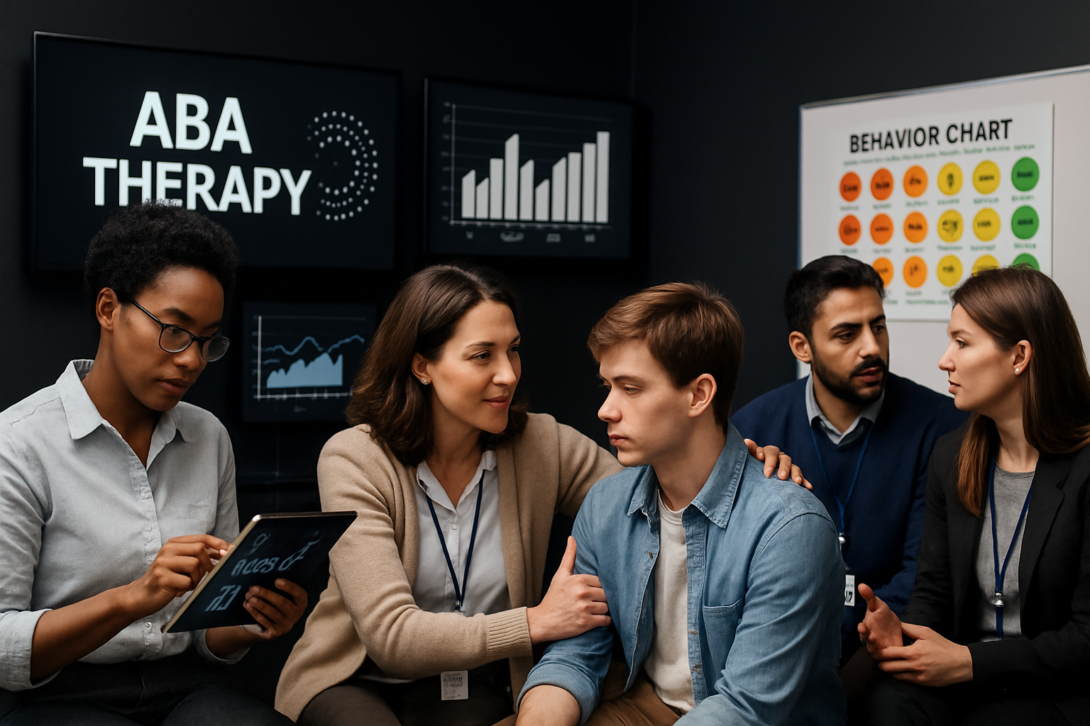 Group in therapy session, a woman comforts a young person, a whiteboard with