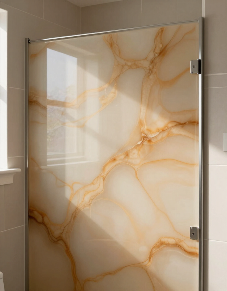 Close-up of a custom epoxy shower panel installed in a residential bathroom in Claremore, Oklahoma