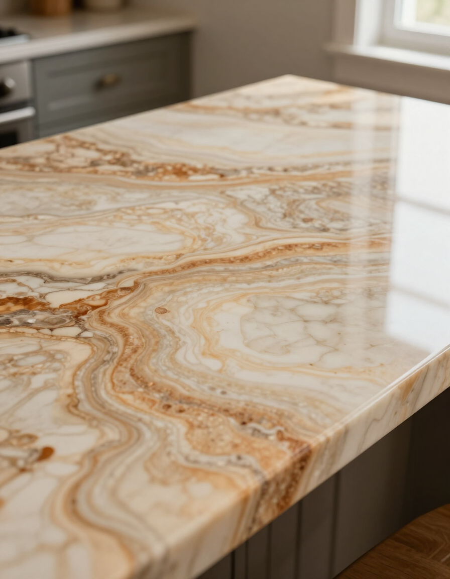 Close-up of a custom stone-look epoxy countertop surface fabricated by EpoxStone LLC in Claremore, Oklahoma
