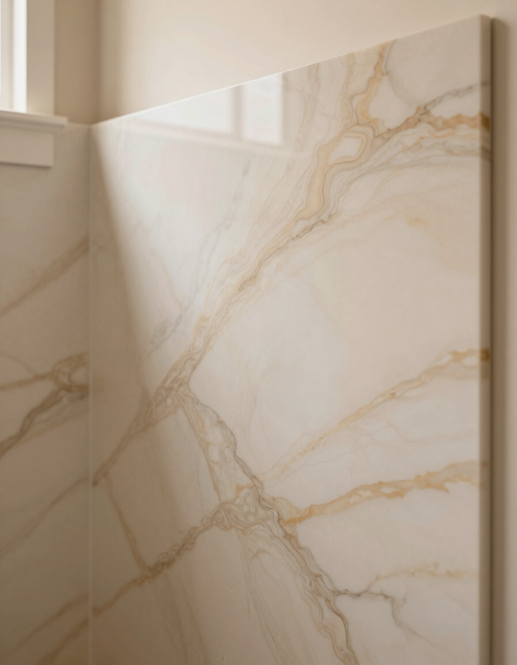 Close-up of a custom epoxy shower panel installed in a residential bathroom in Claremore, Oklahoma.