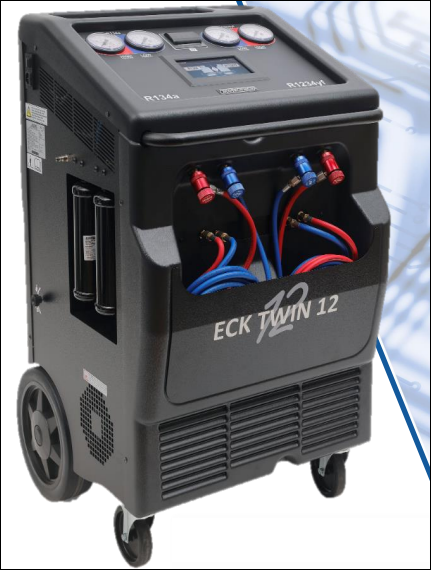 Black automotive AC recovery machine with gauges, hoses, and wheels- Darwin Auto Mobile Care in Woolner, NT