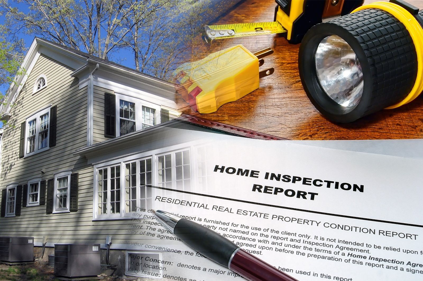 A home inspection report is next to a flashlight and tape measure