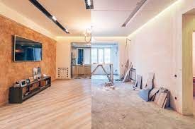 A before and after picture of a living room being remodeled.