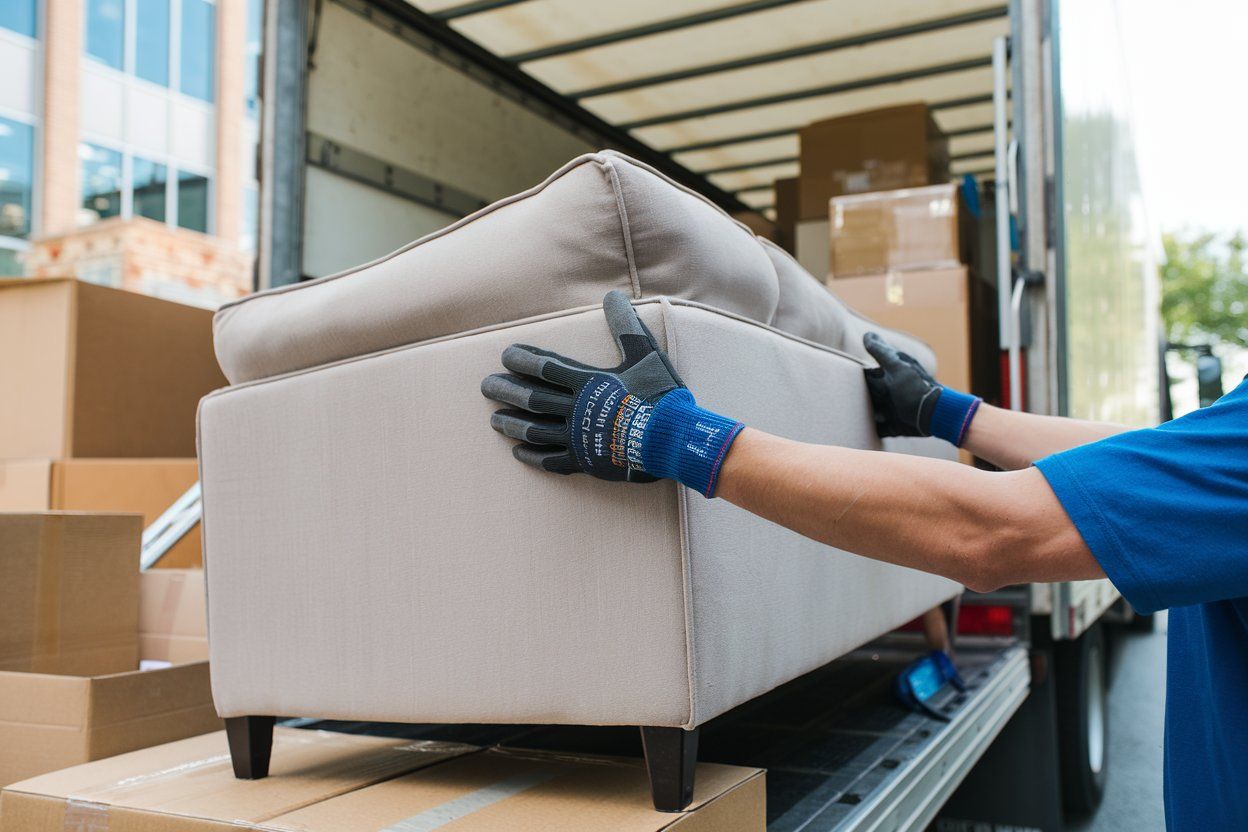 A man is carrying a couch out of a truck.