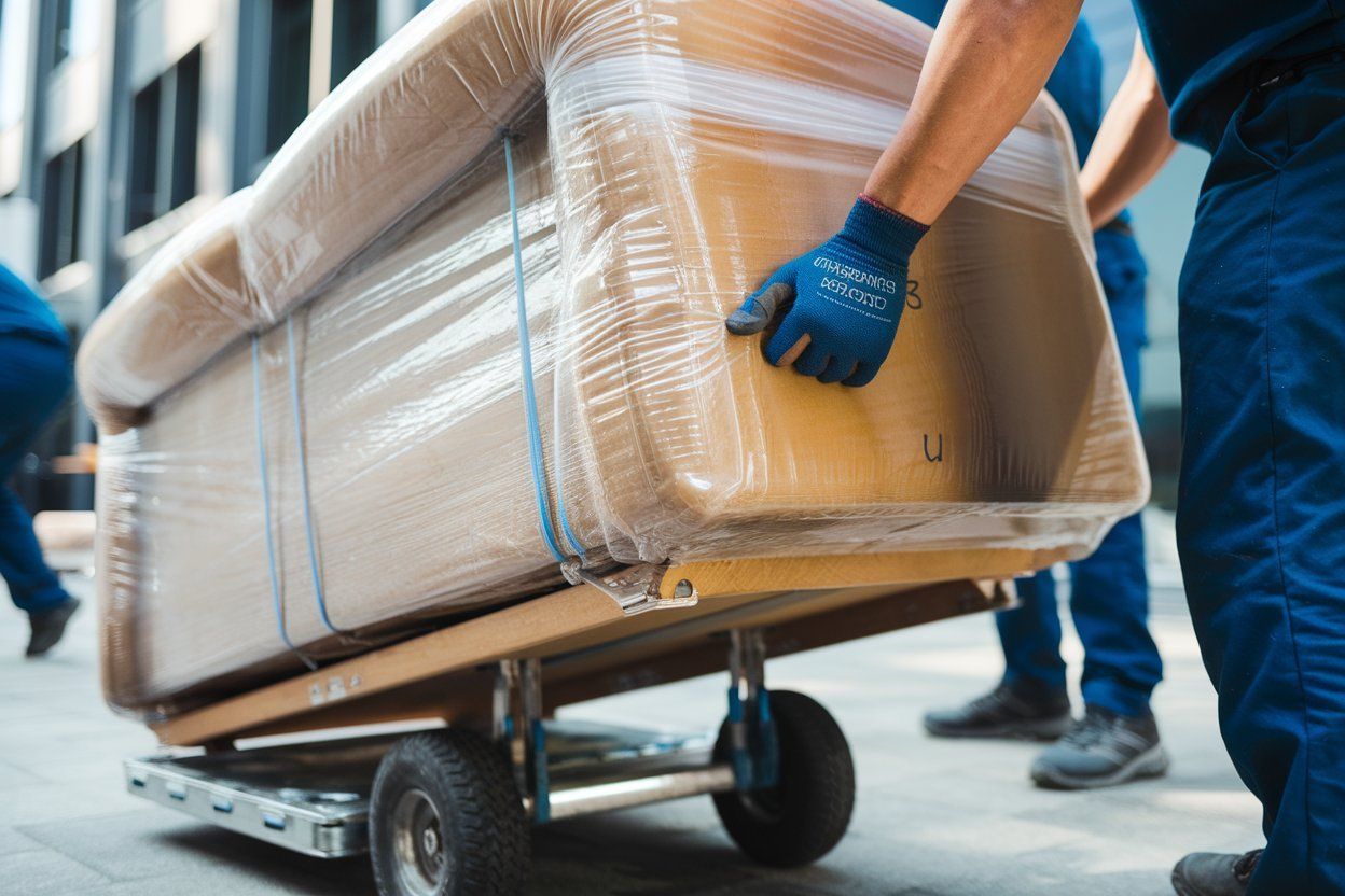 Two movers transport a wrapped sofa on a hand truck outside a building.