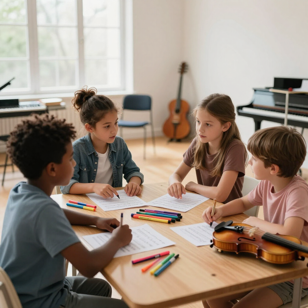 Children doing arts and crafts at a table with colored pencils and a violin in a bright room