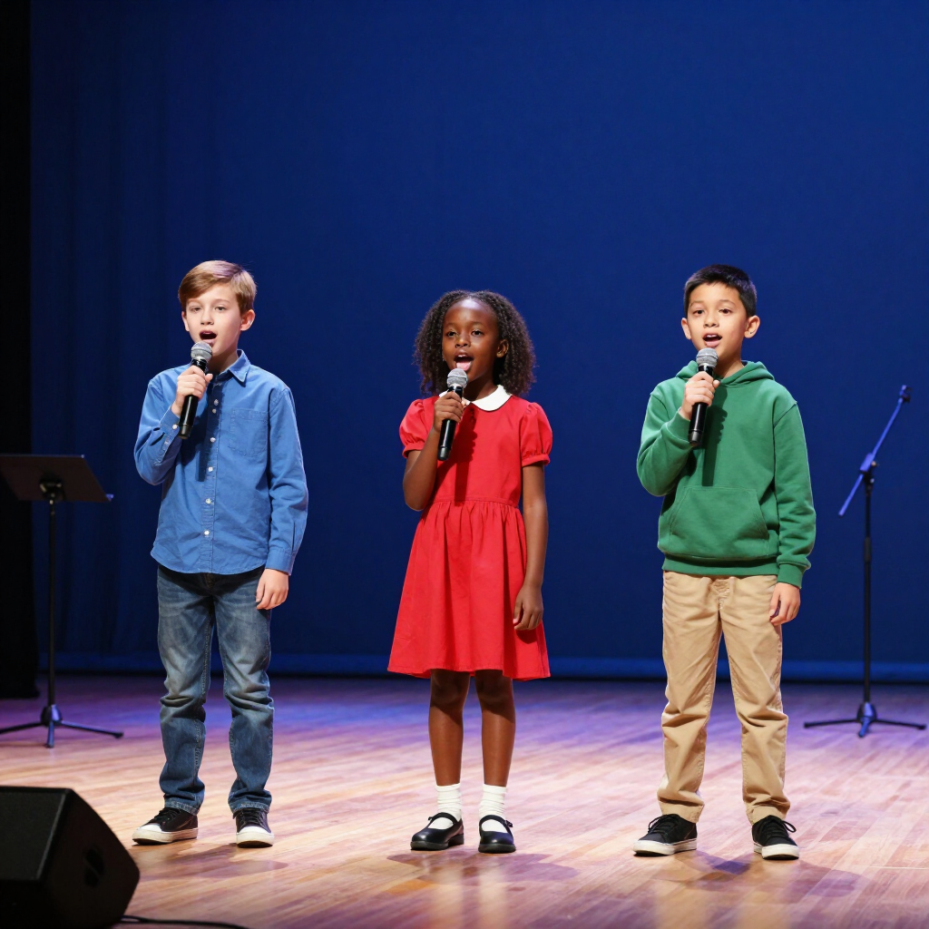 Three children sing into microphones on a stage with a blue backdrop