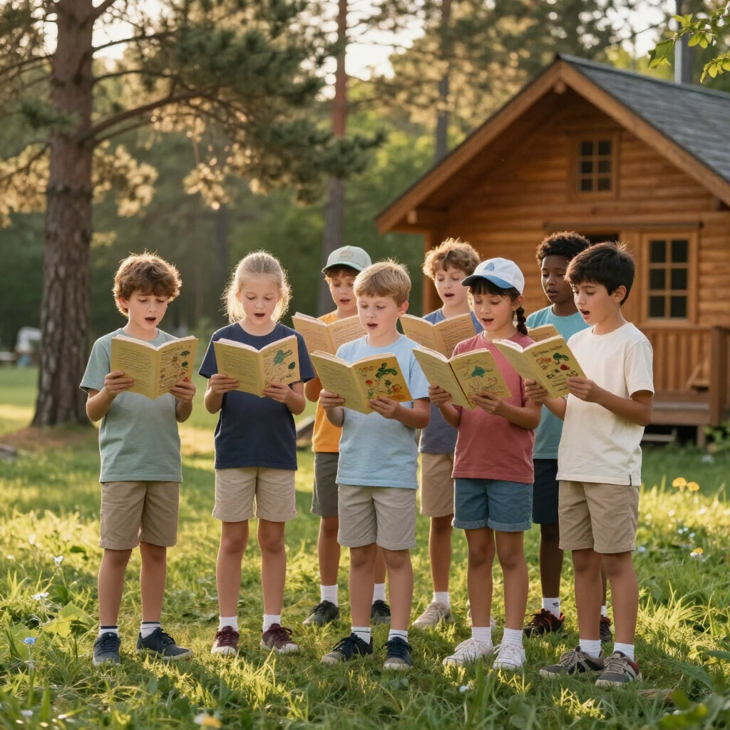 Six children reading books together outside a log cabin in a grassy yard