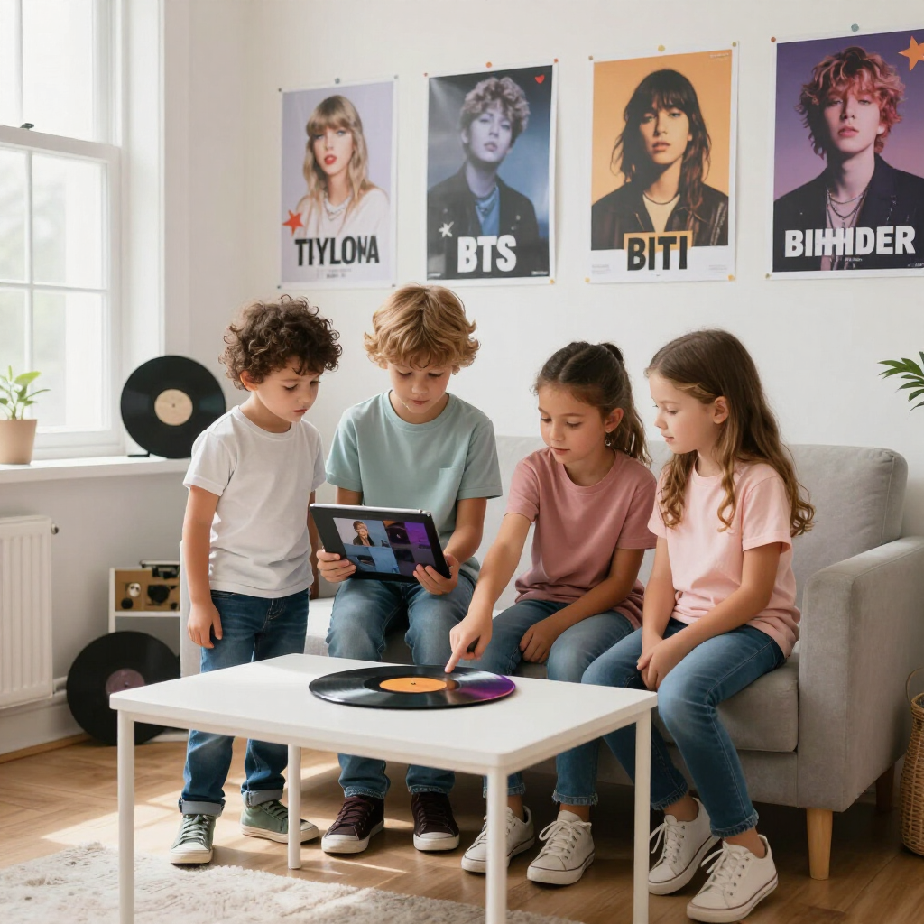 Four children sit on a sofa watching a tablet in a bright living room with music posters on the wall.