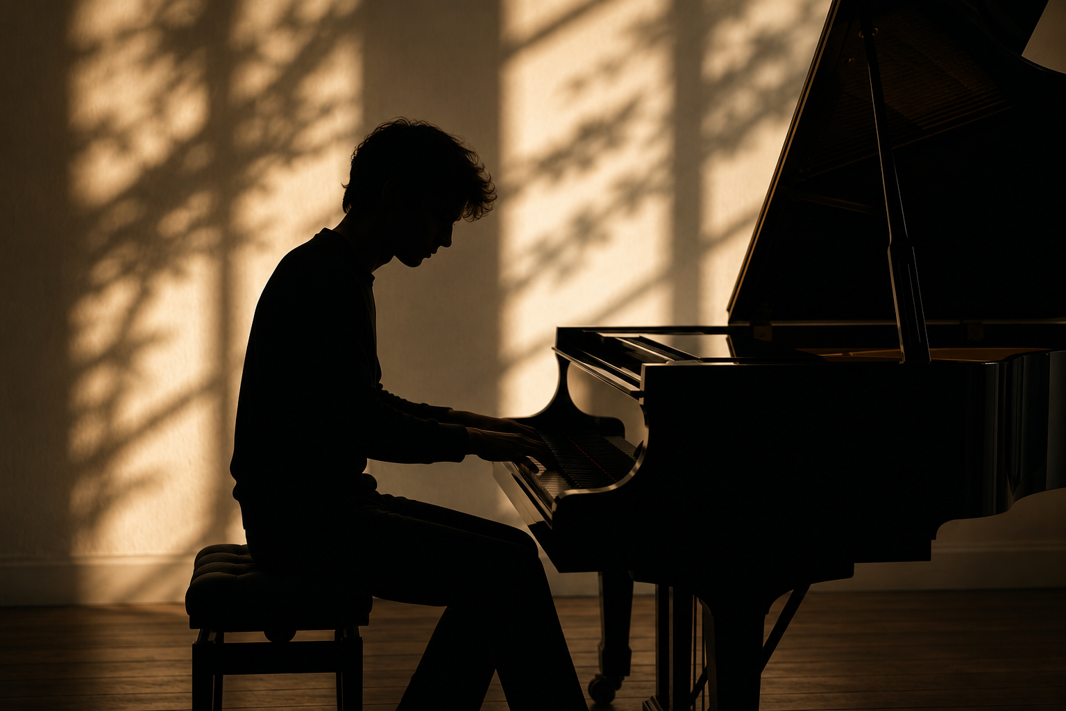 Silhouetted pianist playing a grand piano in warm sunlight by a window