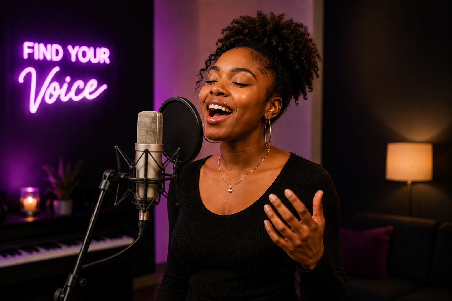 Singer performing in a studio with a microphone and neon sign reading “Find Your Voice”