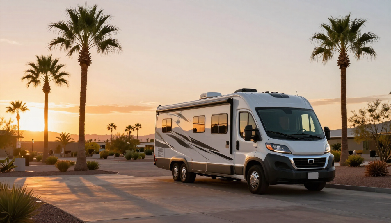 Luxury RV parked at Desert Shadows RV Resort in Phoenix during sunset