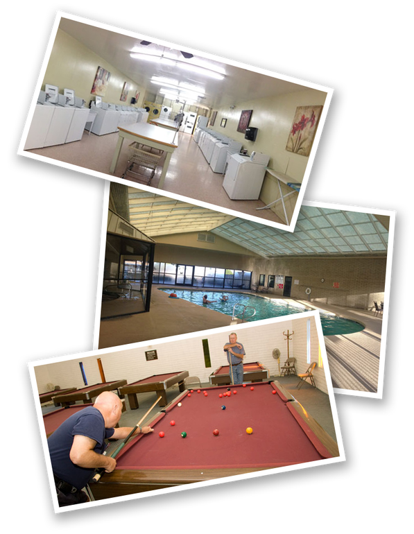 Three resort amenities: kitchen, indoor pool, and billiards room collaged together