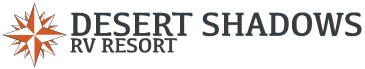 Desert Shadows RV Resort logo with orange starburst icon and black text on white background