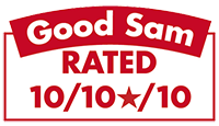 Good Sam Rated 10/10/10 red and white RV park rating badge